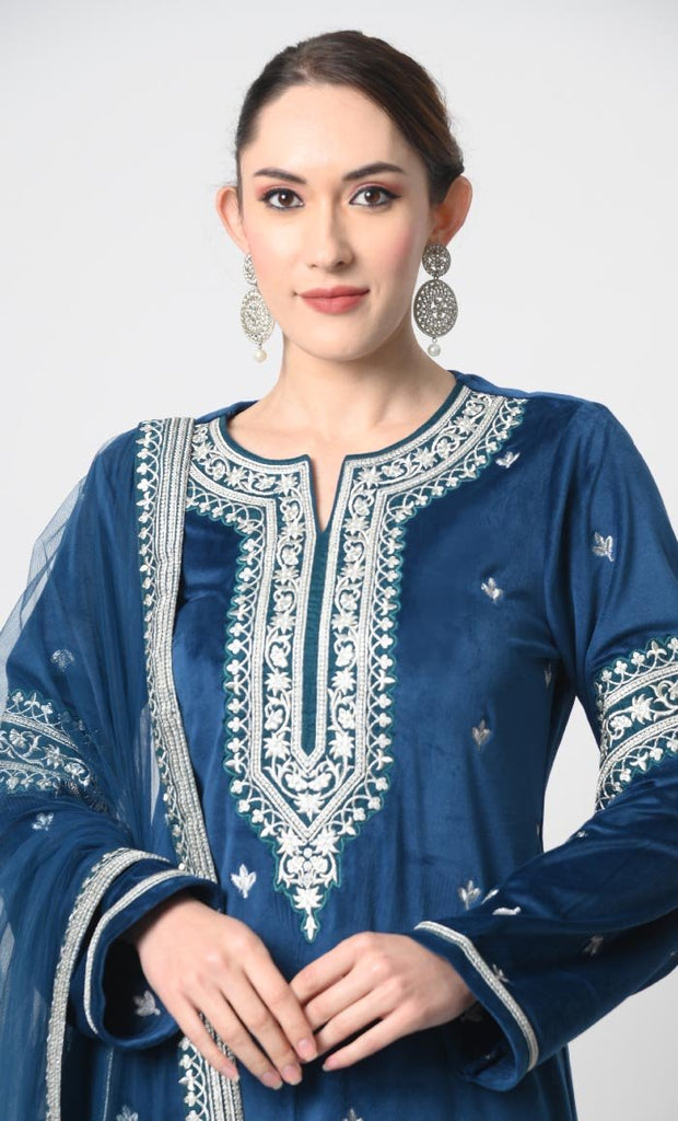 3 - Piece Velour Partywear – Salwar Kameez & Net Shawl - EastEssence.com