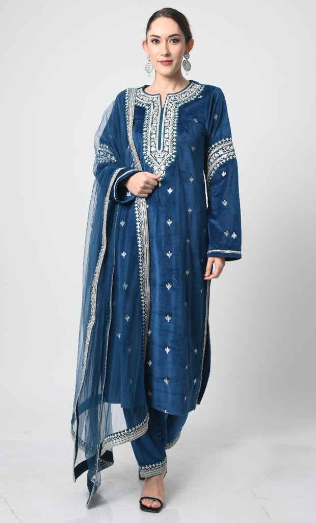 3 - Piece Velour Partywear – Salwar Kameez & Net Shawl - EastEssence.com