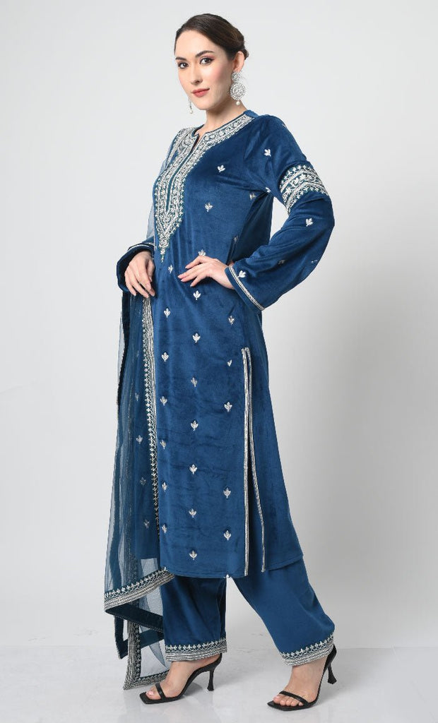 3 - Piece Velour Partywear – Salwar Kameez & Net Shawl - EastEssence.com