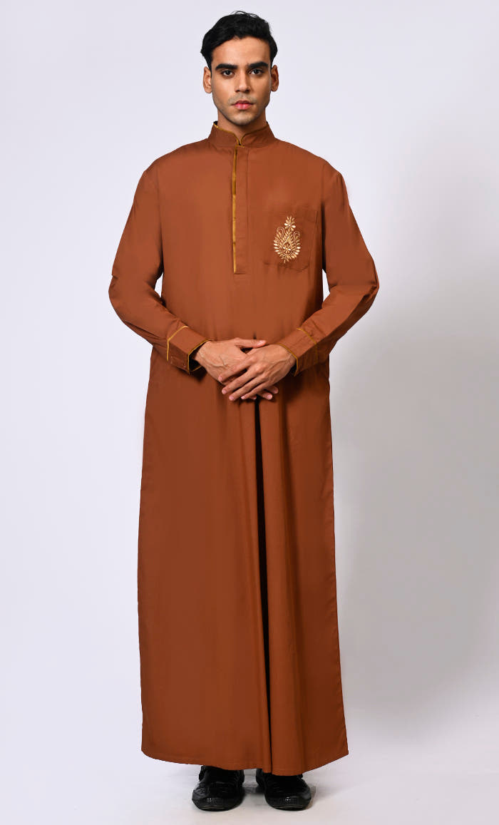 Embroidered Men’s Brown Thobe with Contrast Accents