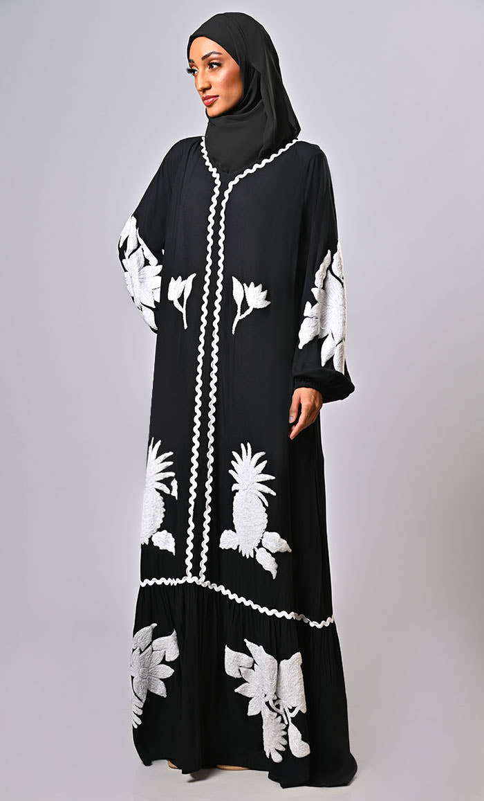 Abaya islamique pudique à broderie Aari artisanale avec poches