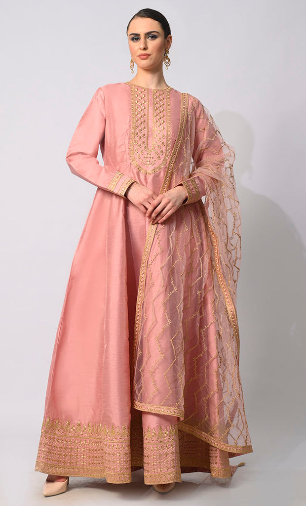 women wearing Imperial Intricacy: Exquisite Pink 2-Piece Heavy Zari Work Anarkali and Dupatta Ensemble