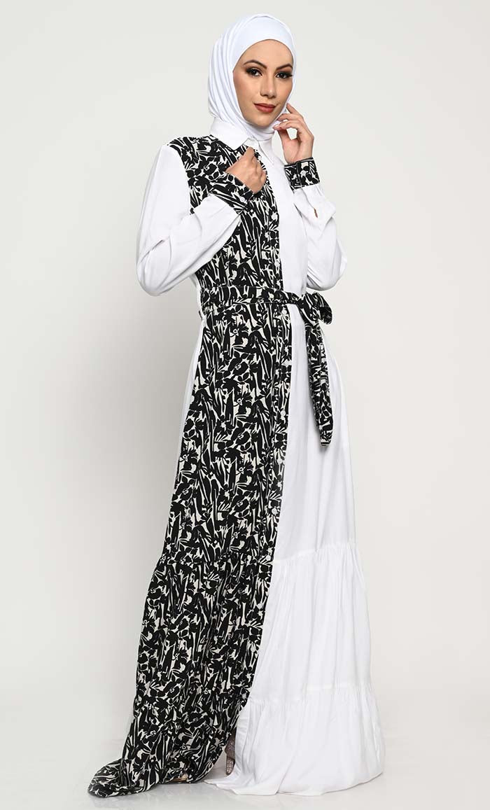 Stylish Rayon Abaya with Printed Front Panel and Adjustable Belt