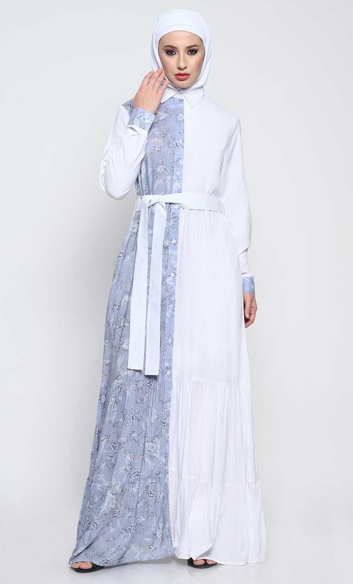 Stylish Rayon Abaya with Printed Front Panel and Adjustable Belt