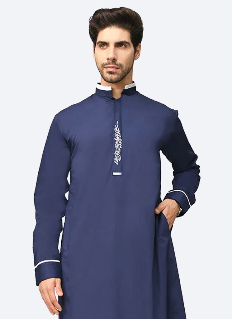 Men wearing neavy blue kurta with white Embroidery