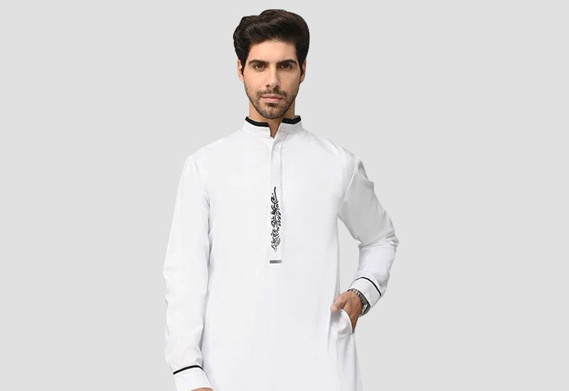 Men wearing white kurta with black Embroidery