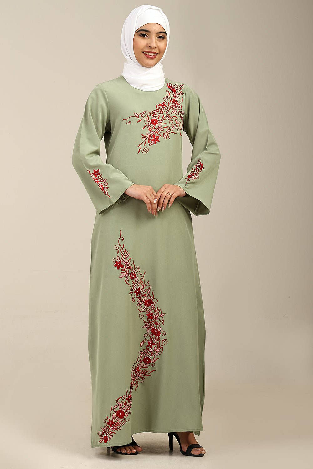 A - Line Contrast Embroidered Nida Abaya - EastEssence.com