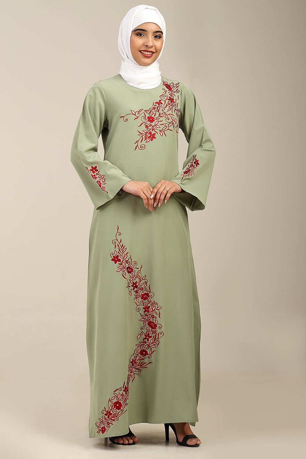 A - Line Contrast Embroidered Nida Abaya - EastEssence.com