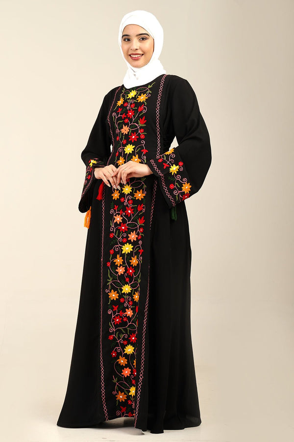 A - Line Floral Embroidered Abaya Dress with Tassel Waist Detail - EastEssence.com