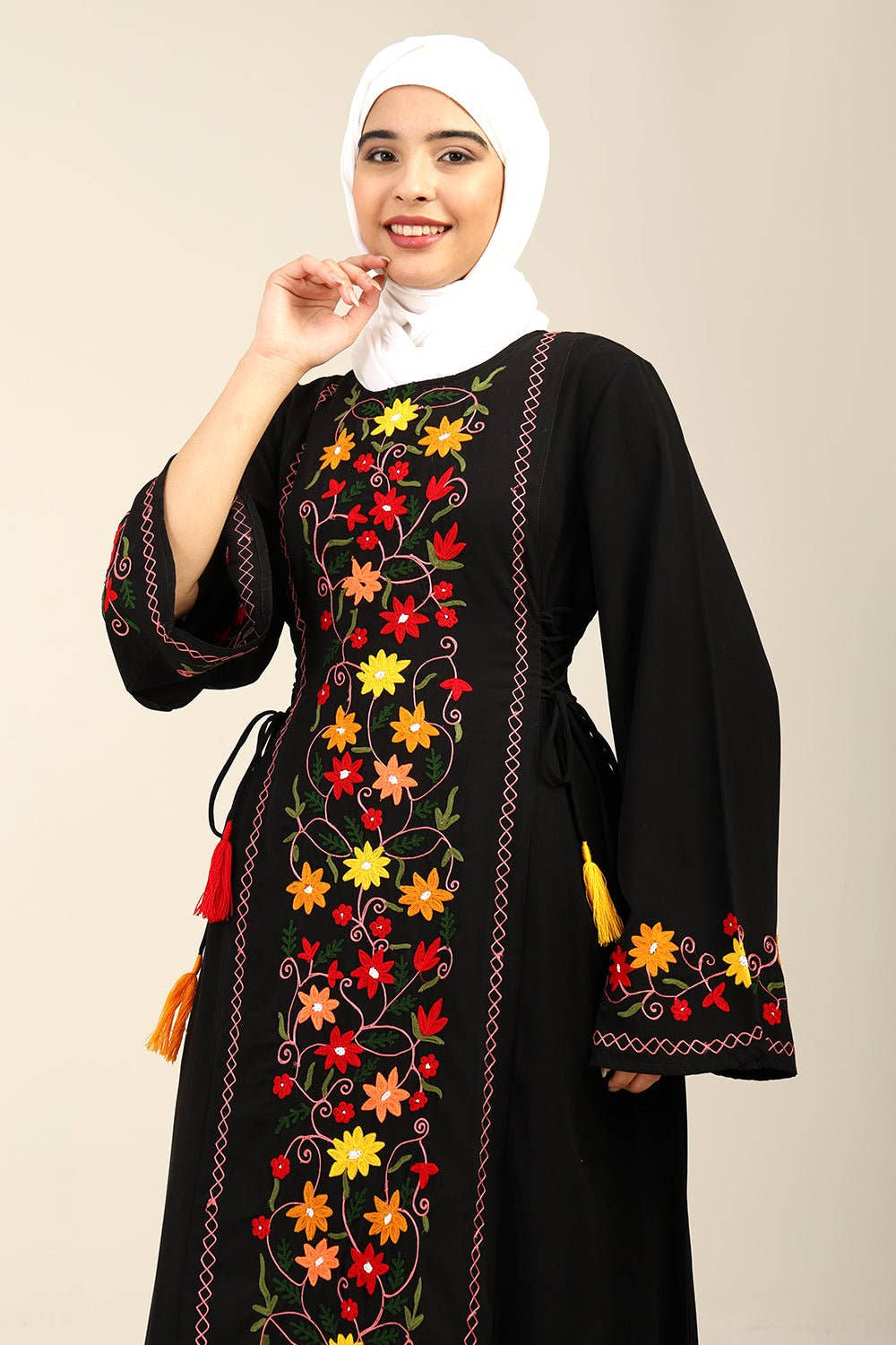 A - Line Floral Embroidered Abaya Dress with Tassel Waist Detail - EastEssence.com