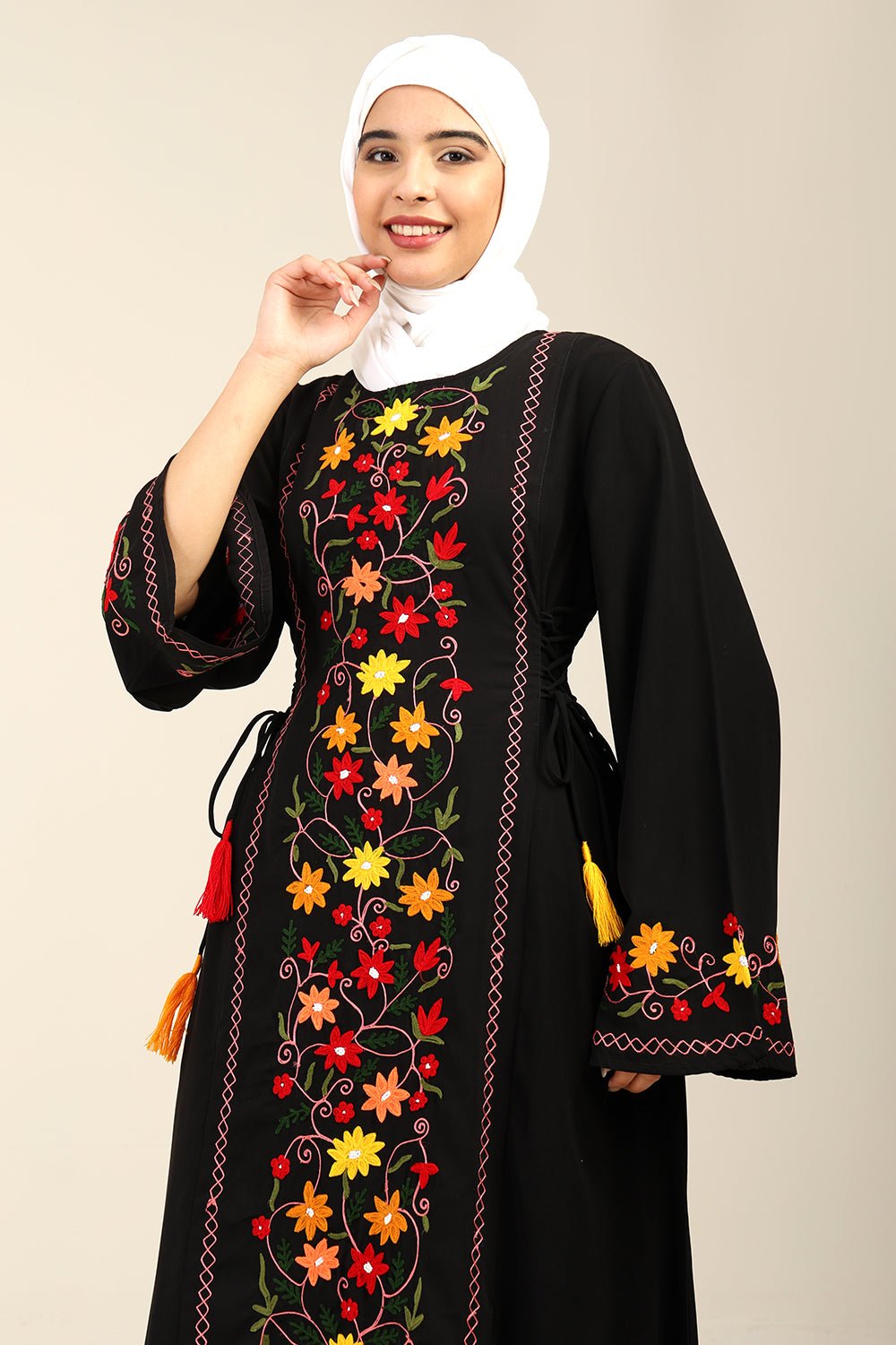 A - Line Floral Embroidered Abaya Dress with Tassel Waist Detail - EastEssence.com