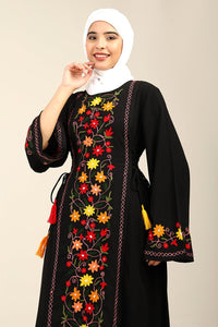 A - Line Floral Embroidered Abaya Dress with Tassel Waist Detail - EastEssence.com