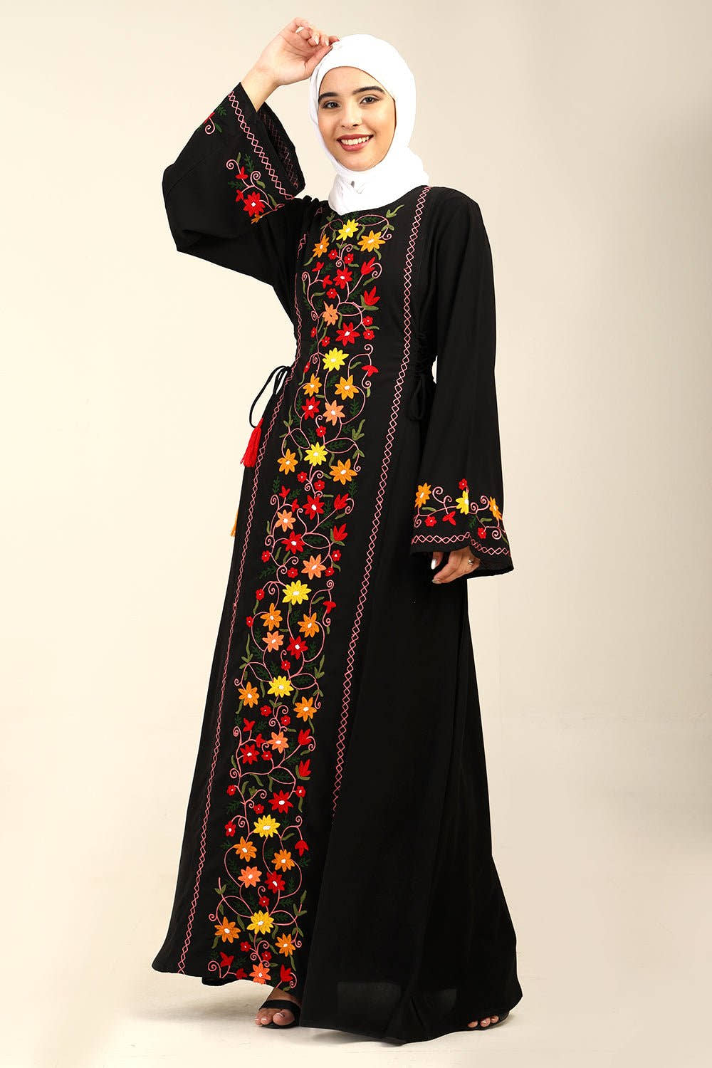A - Line Floral Embroidered Abaya Dress with Tassel Waist Detail - EastEssence.com