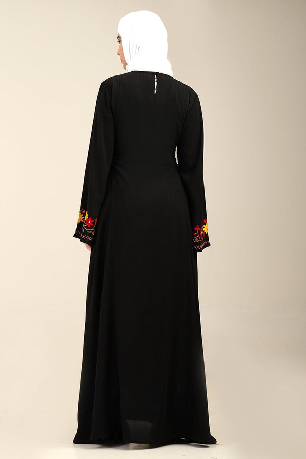 A - Line Floral Embroidered Abaya Dress with Tassel Waist Detail - EastEssence.com