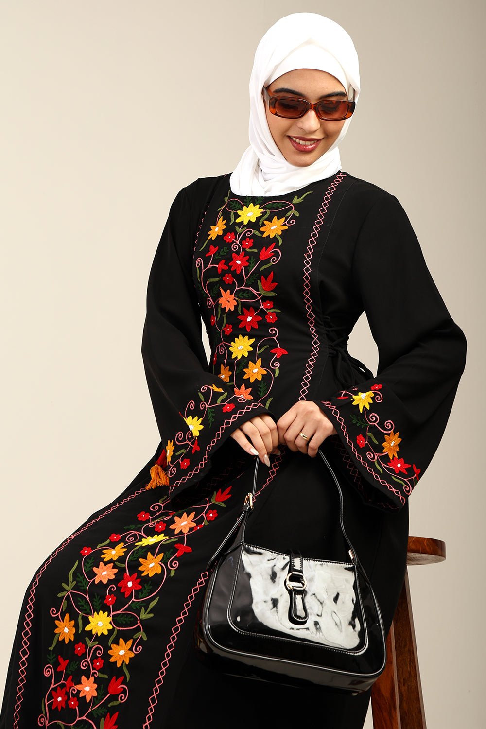 A - Line Floral Embroidered Abaya Dress with Tassel Waist Detail - EastEssence.com