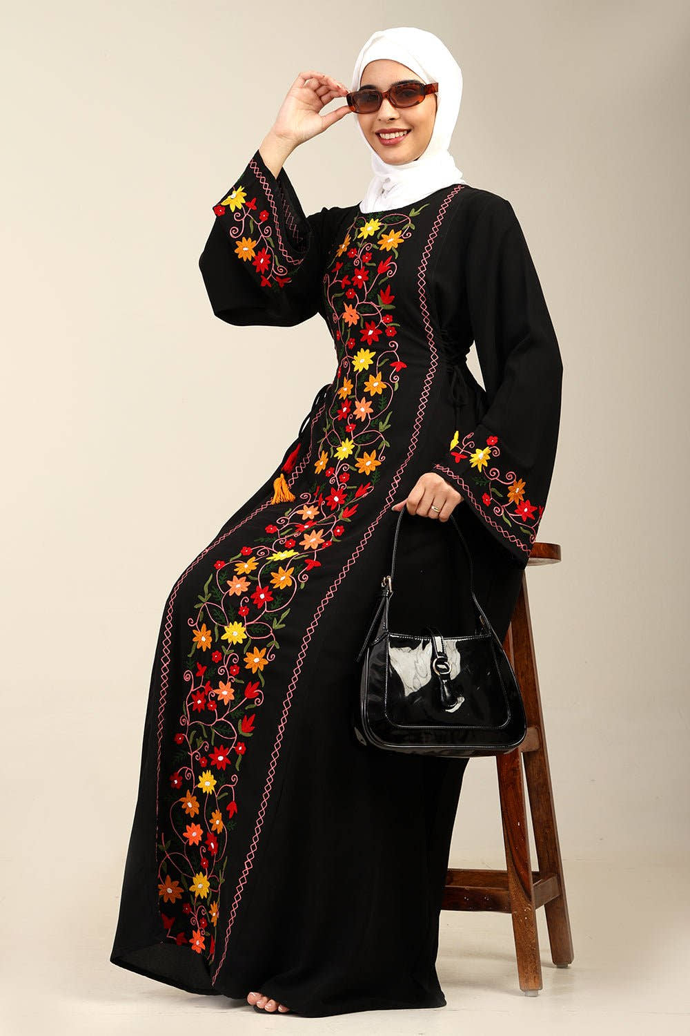 A - Line Floral Embroidered Abaya Dress with Tassel Waist Detail - EastEssence.com