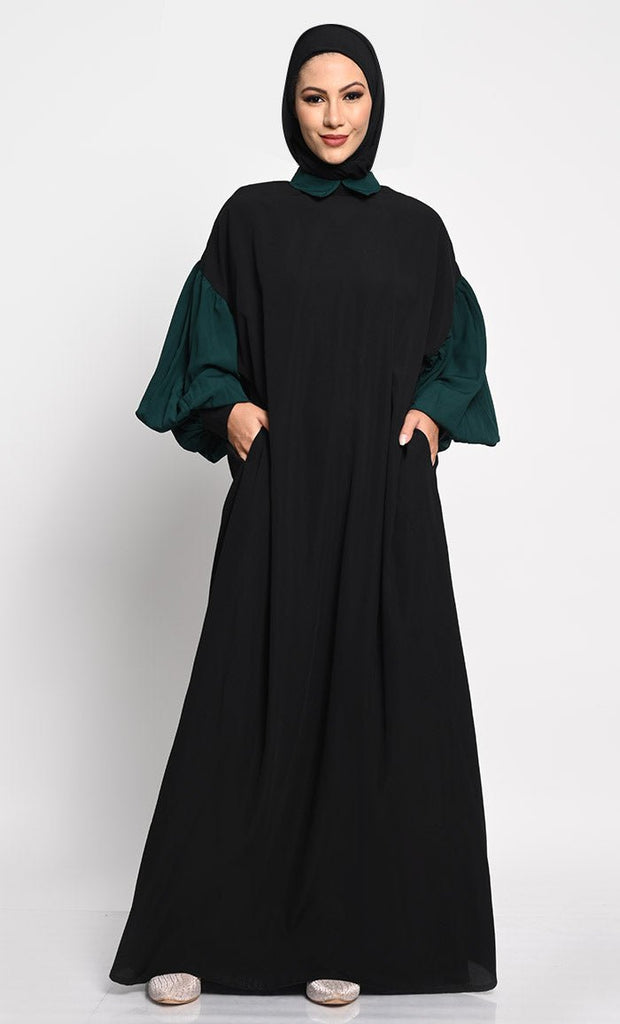 A - Line Nida Fabric Abaya with Off - Shoulder Design and Contrast Gathered Sleeves - EastEssence.com