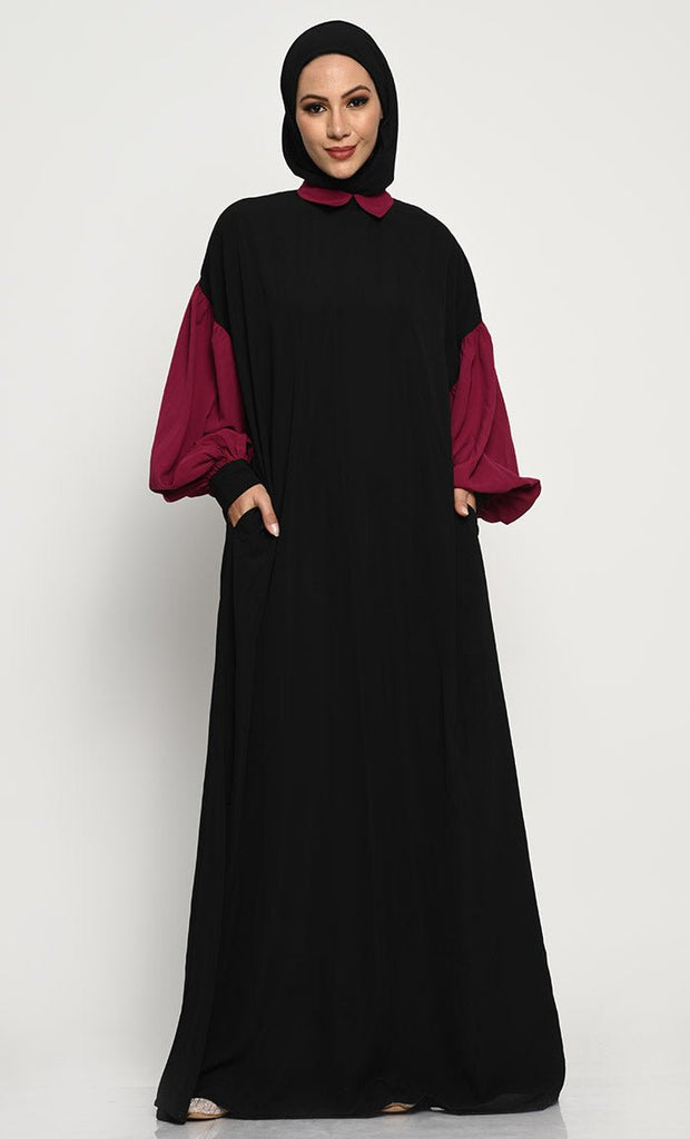 A - Line Nida Fabric Abaya with Off - Shoulder Design and Contrast Gathered Sleeves - EastEssence.com