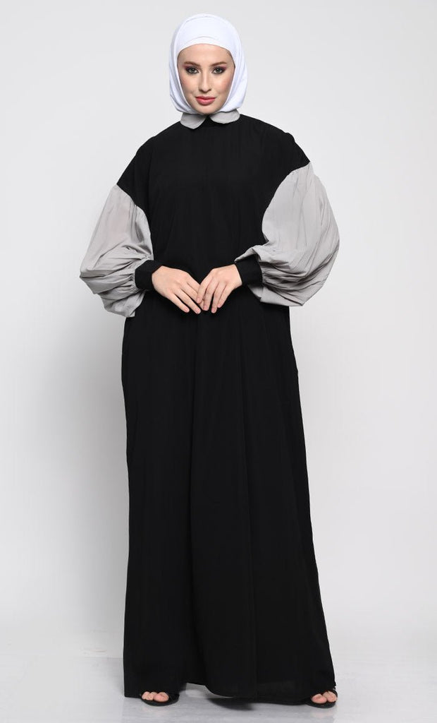 A - Line Nida Fabric Abaya with Off - Shoulder Design and Contrast Gathered Sleeves - EastEssence.com