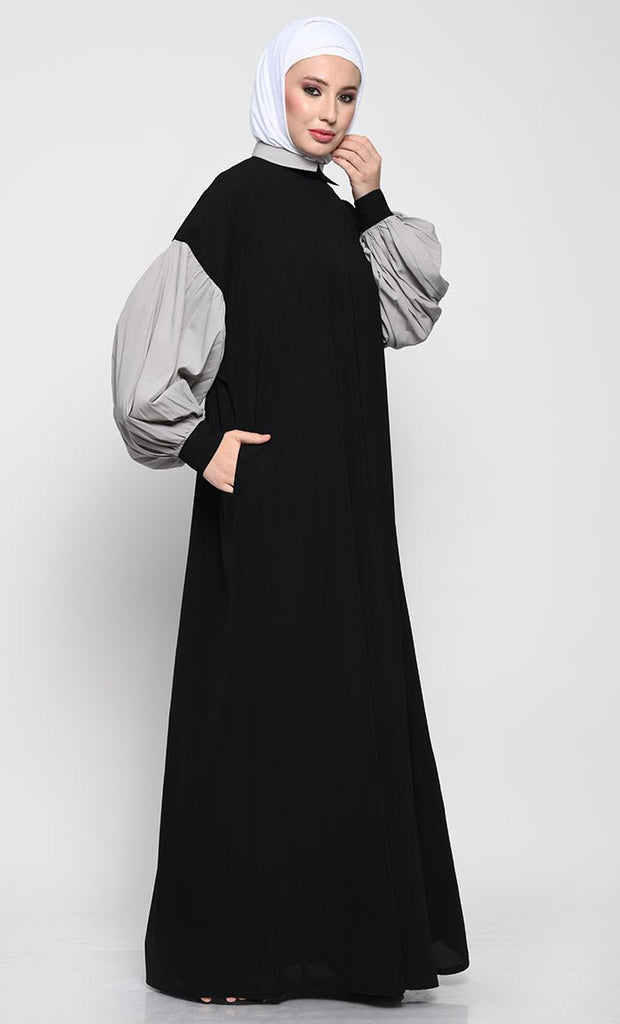 A - Line Nida Fabric Abaya with Off - Shoulder Design and Contrast Gathered Sleeves - EastEssence.com