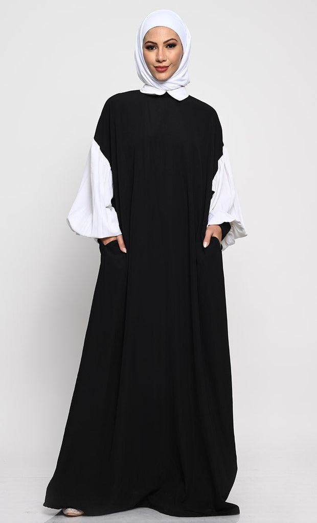 A - Line Nida Fabric Abaya with Off - Shoulder Design and Contrast Gathered Sleeves - EastEssence.com