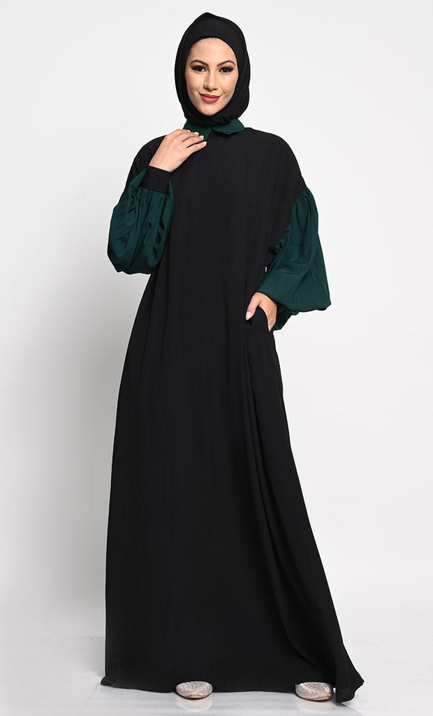 A - Line Nida Fabric Abaya with Off - Shoulder Design and Contrast Gathered Sleeves - EastEssence.com