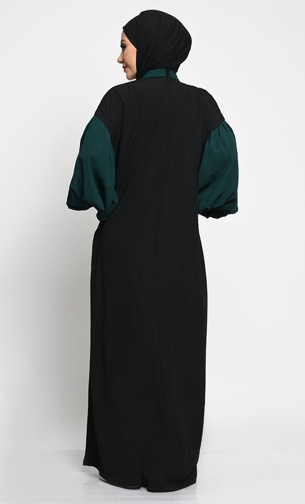 A - Line Nida Fabric Abaya with Off - Shoulder Design and Contrast Gathered Sleeves - EastEssence.com