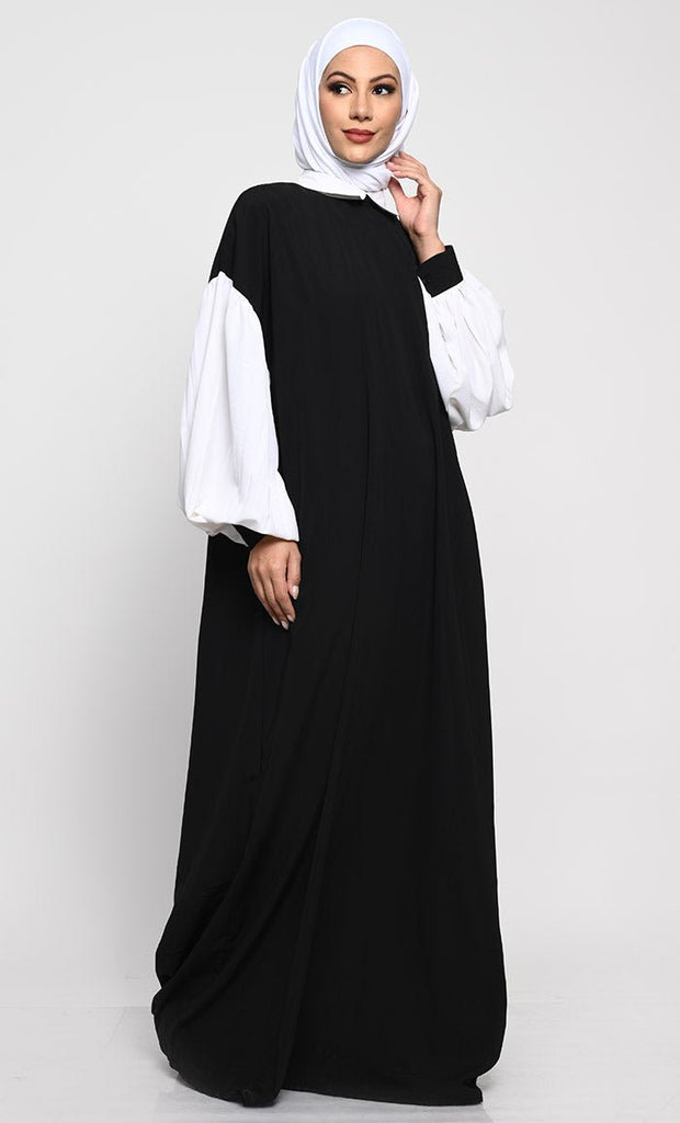 A - Line Nida Fabric Abaya with Off - Shoulder Design and Contrast Gathered Sleeves - EastEssence.com