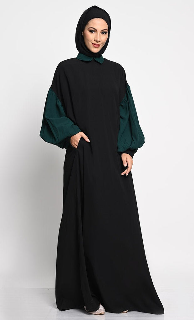 A - Line Nida Fabric Abaya with Off - Shoulder Design and Contrast Gathered Sleeves - EastEssence.com