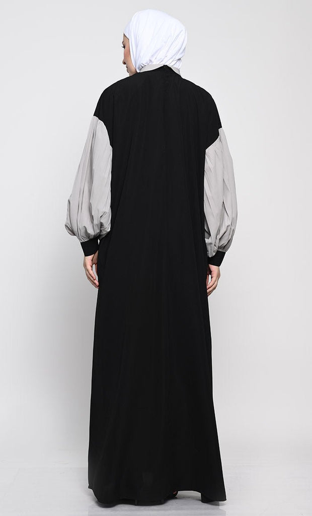 A - Line Nida Fabric Abaya with Off - Shoulder Design and Contrast Gathered Sleeves - EastEssence.com