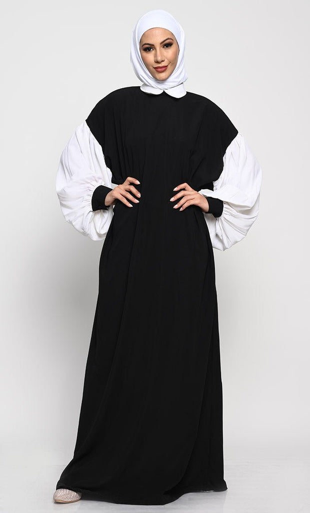 A - Line Nida Fabric Abaya with Off - Shoulder Design and Contrast Gathered Sleeves - EastEssence.com