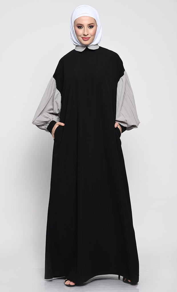 A - Line Nida Fabric Abaya with Off - Shoulder Design and Contrast Gathered Sleeves - EastEssence.com