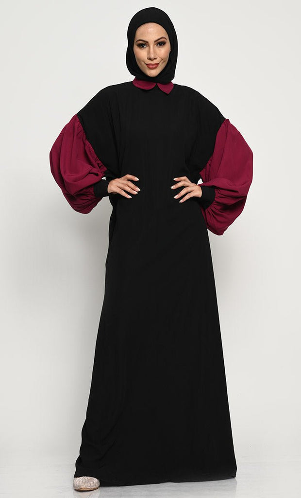 A - Line Nida Fabric Abaya with Off - Shoulder Design and Contrast Gathered Sleeves - EastEssence.com