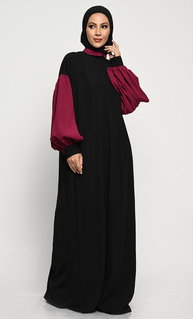 A - Line Nida Fabric Abaya with Off - Shoulder Design and Contrast Gathered Sleeves - EastEssence.com