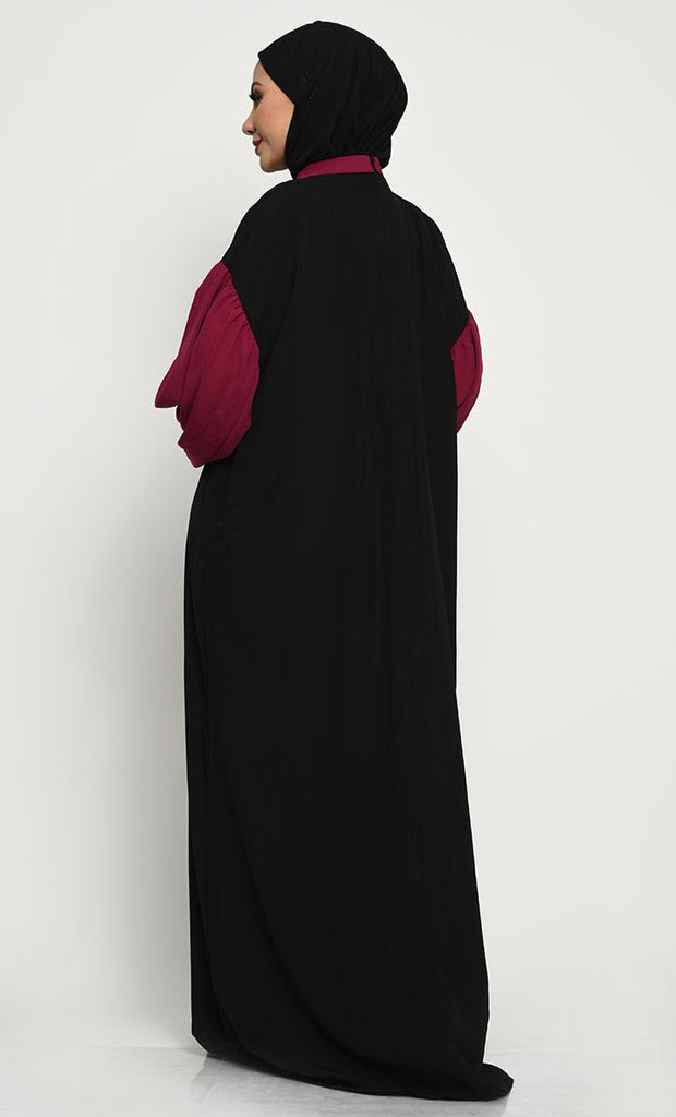 A - Line Nida Fabric Abaya with Off - Shoulder Design and Contrast Gathered Sleeves - EastEssence.com