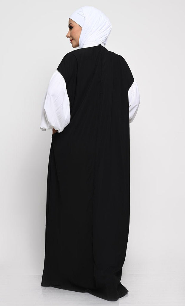 A - Line Nida Fabric Abaya with Off - Shoulder Design and Contrast Gathered Sleeves - EastEssence.com