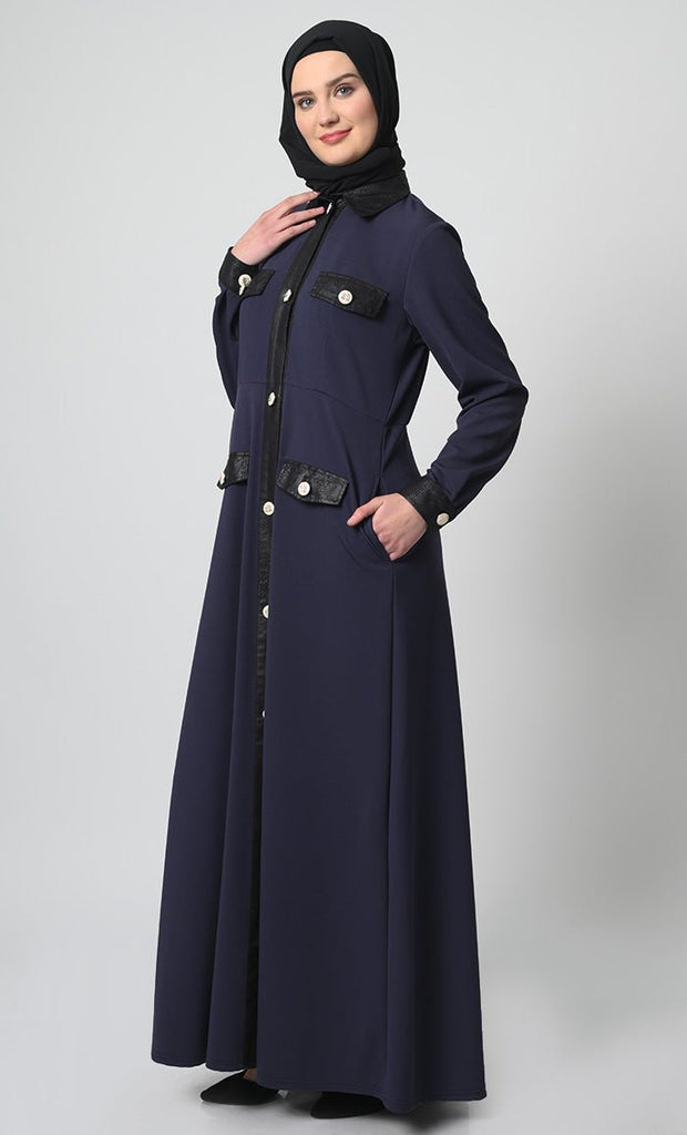 A - Line Pantroma Fabric Abaya – Full Sleeves, Flap Pockets - EastEssence.com