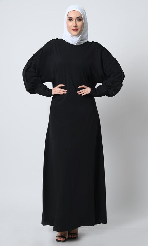 Abaya with Batwing Sleeves – Cotton Jersey, Decorative Button Detailing - EastEssence.com