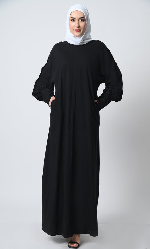 Abaya with Batwing Sleeves – Cotton Jersey, Decorative Button Detailing - EastEssence.com