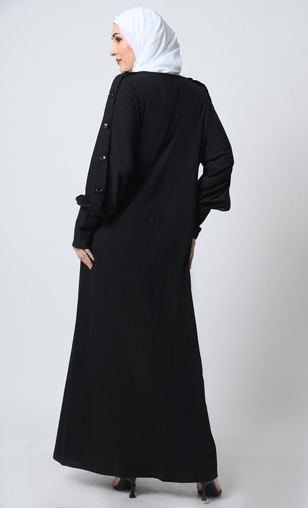 Abaya with Batwing Sleeves – Cotton Jersey, Decorative Button Detailing - EastEssence.com