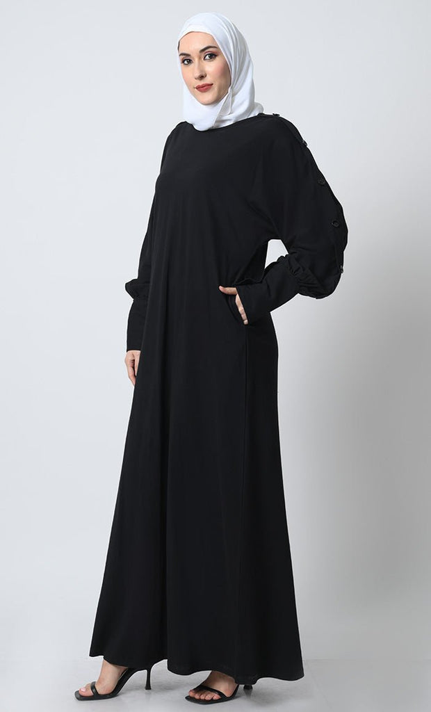 Abaya with Batwing Sleeves – Cotton Jersey, Decorative Button Detailing - EastEssence.com