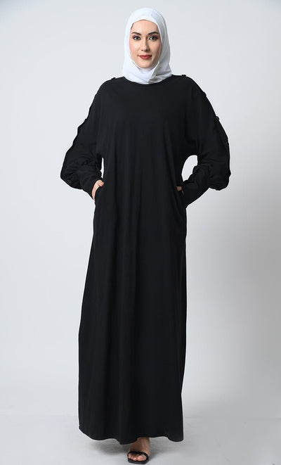 Abaya with Batwing Sleeves – Cotton Jersey, Decorative Button Detailing - Final Sale - EastEssence.com