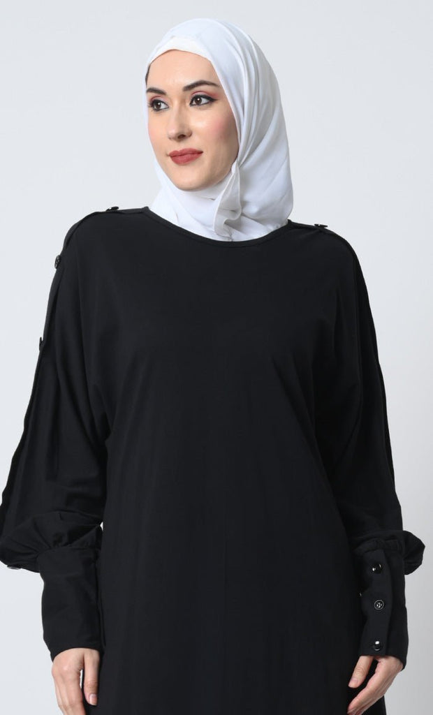 Abaya with Batwing Sleeves – Cotton Jersey, Decorative Button Detailing - Final Sale - EastEssence.com