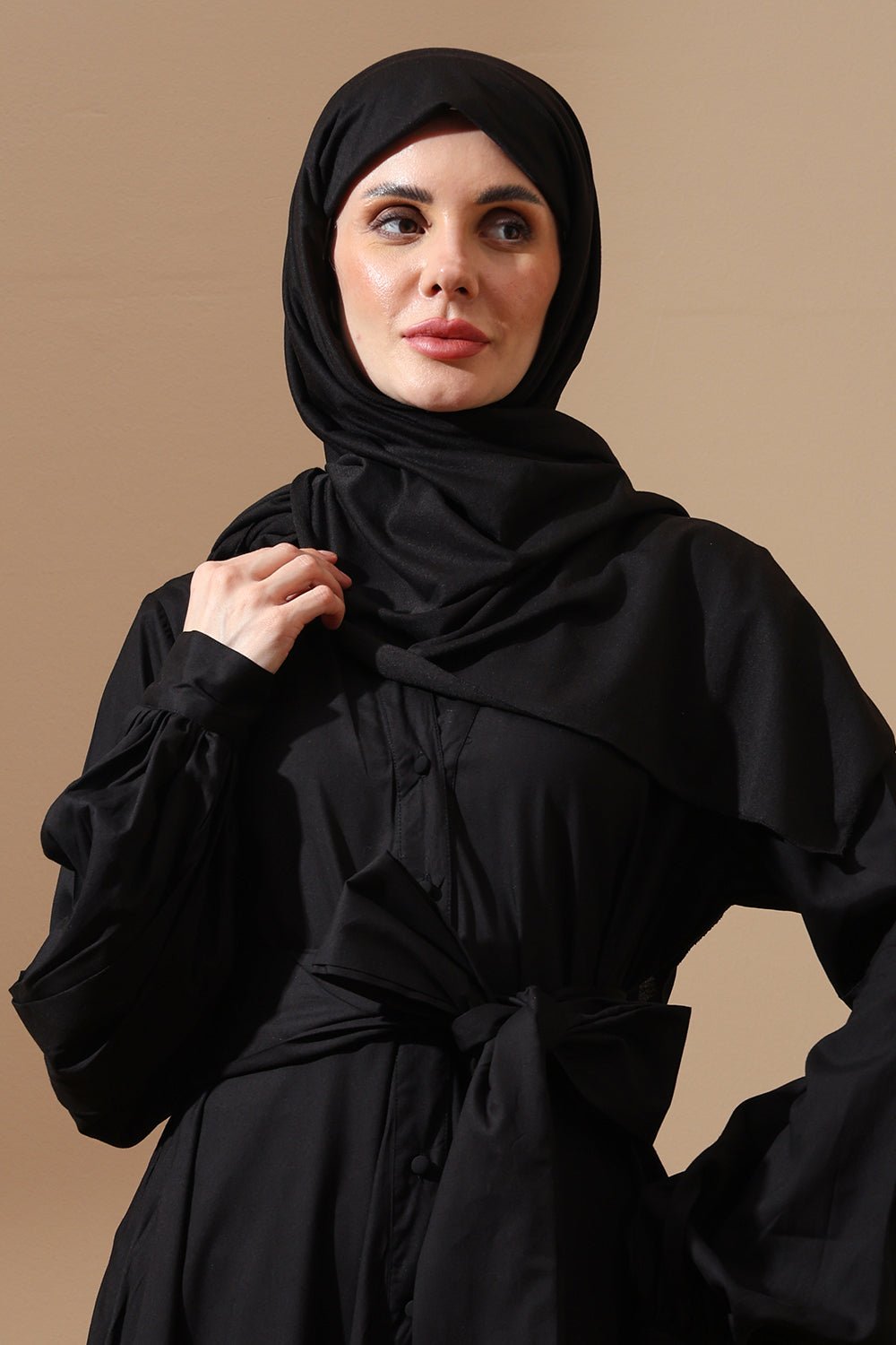 Abaya with Belted Waist & Draped Sleeves - EastEssence.com