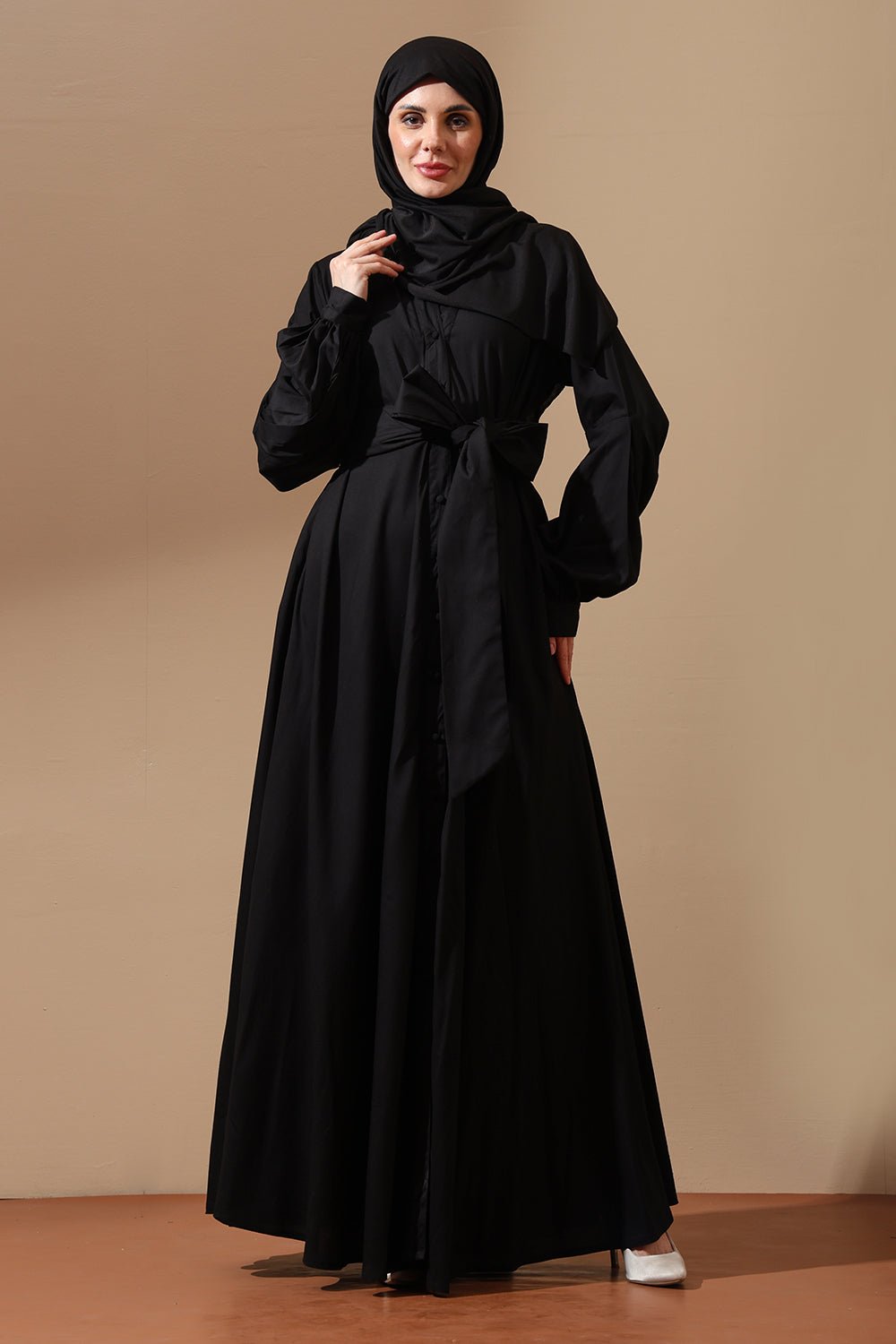 Abaya with Belted Waist & Draped Sleeves - EastEssence.com