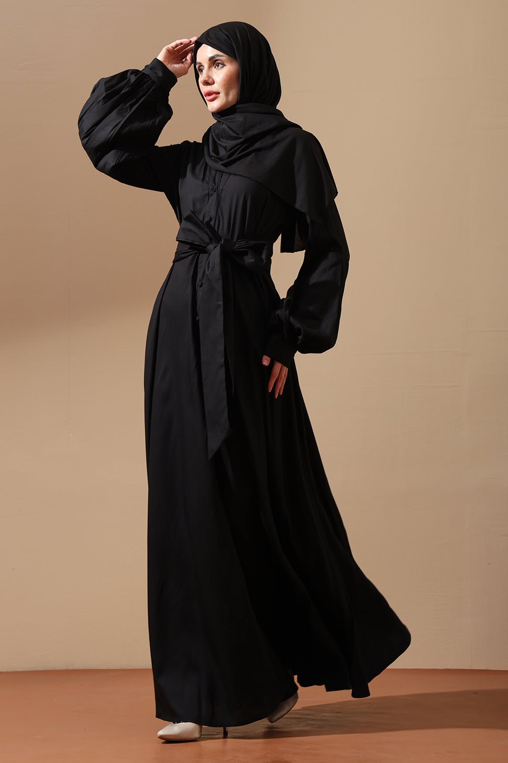 Abaya with Belted Waist & Draped Sleeves - EastEssence.com