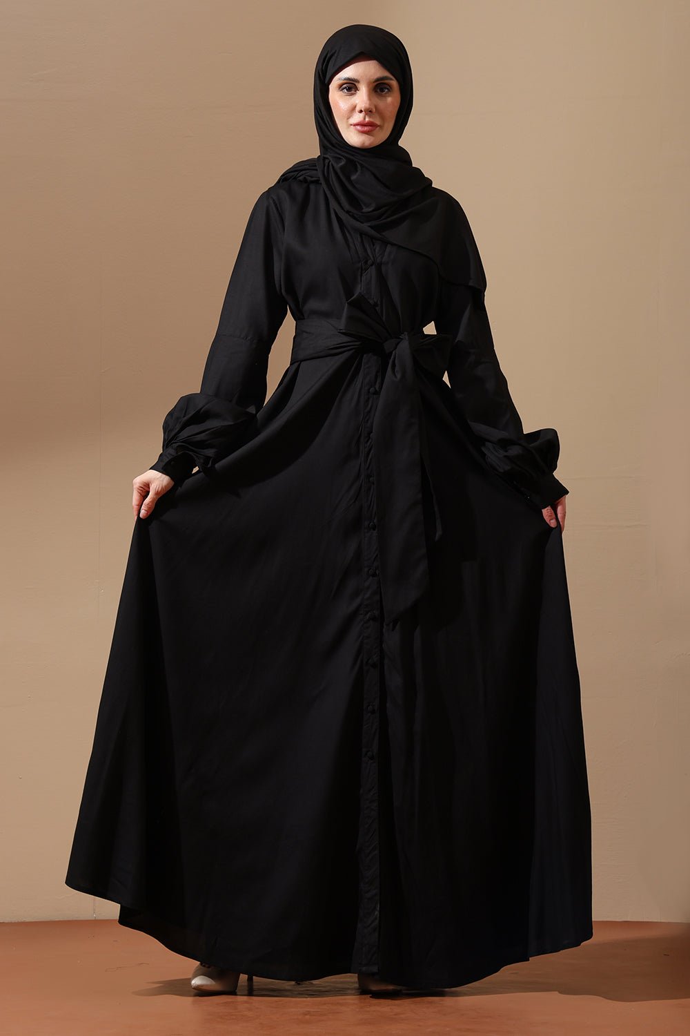 Abaya with Belted Waist & Draped Sleeves - EastEssence.com