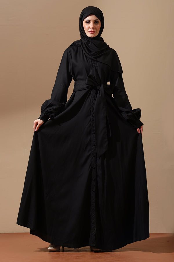 Abaya with Belted Waist & Draped Sleeves - EastEssence.com