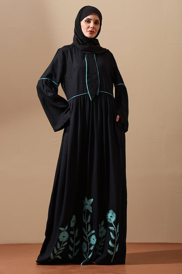Abaya with Mint Green Floral Embroidery & Contrast Piping - EastEssence.com