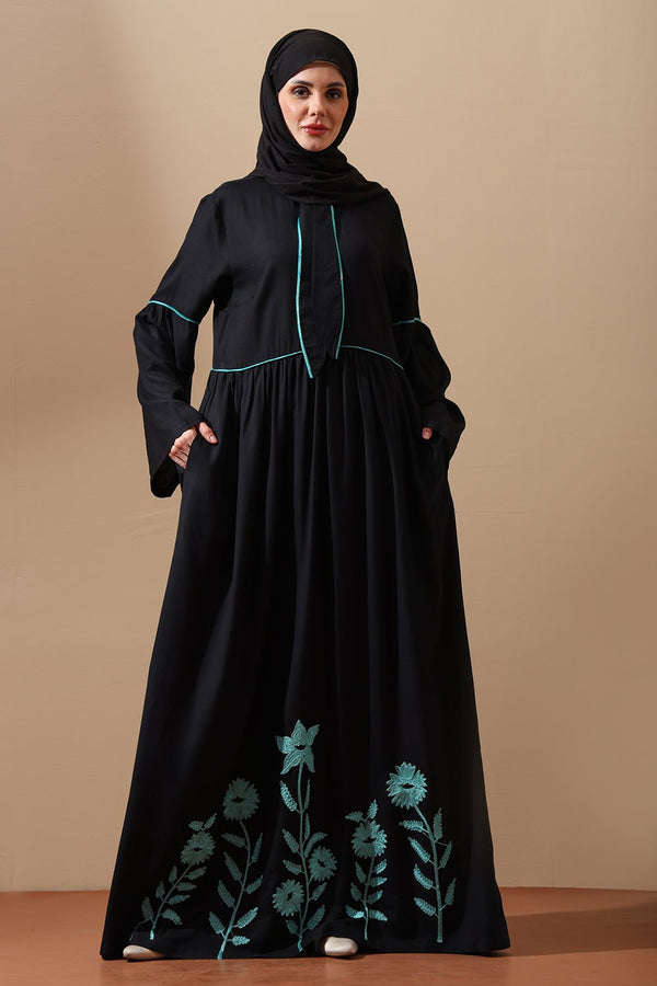 Abaya with Mint Green Floral Embroidery & Contrast Piping - EastEssence.com